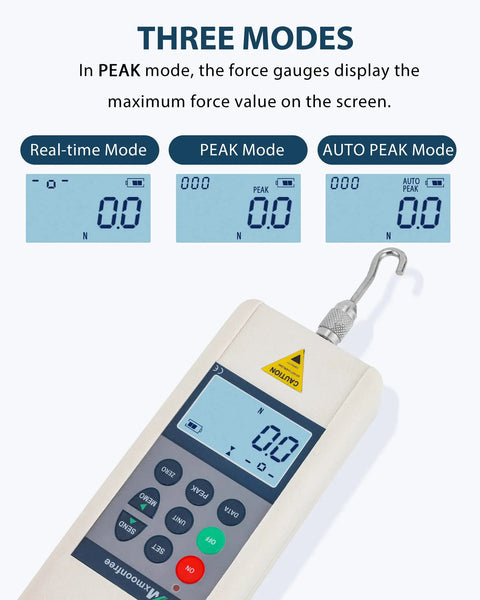 Hardcore 50N Digital Force Gauge for Accurate Push and Pull Load Testing showing three display modes on a backlit screen.