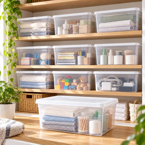 Clear Plastic Storage Bins With Tight Snap On Lids 6 Quart Stackable Boxes organized on shelves storing towels, toys, and office supplies.