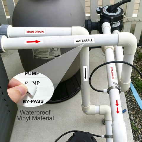 Heavy Duty Pool Equipment Labels And Valve Stickers For Spa Plumbing 560 Piece Kit marking main drain and waterfall on pipes.