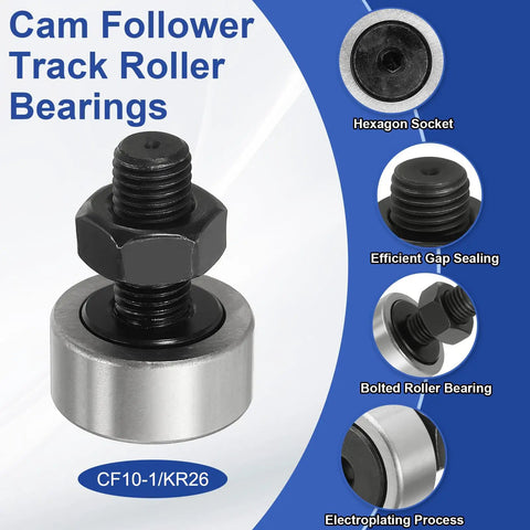 Rock Solid CF10-1 KR26 Cam Follower Bearings Set Of Eight Straight Up Premium Chrome Steel Needle Rollers With Locking Nuts for track roller usage.
