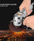 Badass Pneumatic Angle Grinder Coupled With A Four Inch Sanding Pad Delivers Eleven Thousand Rpm in use, sparks flying from metal.