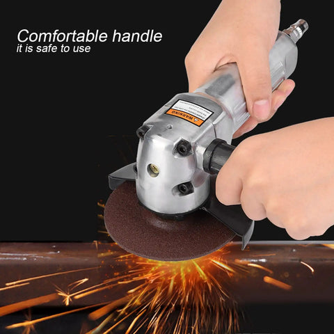 Badass Pneumatic Angle Grinder Coupled With A Four Inch Sanding Pad Delivers Eleven Thousand Rpm in use, sparks flying from metal.
