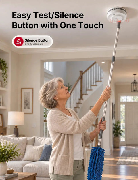 Woman using a pole to test Five Pack Photoelectric Smoke Detectors With 10 Year Sealed Battery Ul Certified Real Deal Nuisance Free Sensing Solid Home Safety Gear Keeps Your House Locked Down Tight.
