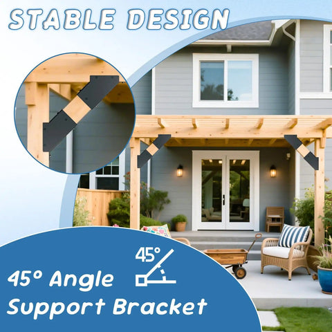Beefy 8 Pack 45 Degree Pergola Brackets for 4x4 Posts, Corner Support Kit in Black Weatherproof Steel installed on porch
