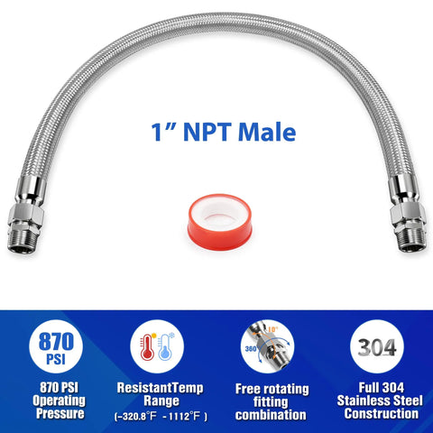 Rock Strong Stainless Steel Air Compressor Jumper Hose With One Inch Npt Male Thread and Bspp Female Swivel Adapter showing 20 inch braided hose.