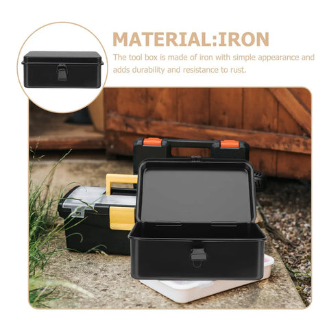 Small Iron Toolbox Featuring A Snug Metal Clasp For Portable Hand Carry Home Projects And Road Trip Trunk Organization, open view.