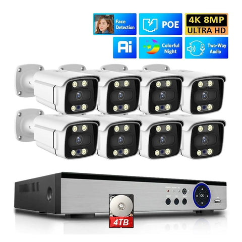 Premium 8Ch Poe Security Camera Nvr Kit Serves True 4K Ultra Hd Footage With Smart Ai Face Recognition, featuring 8 weatherproof cameras and 4TB NVR.