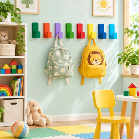 Fresh Rainbow Wooden L Shaped Wall Hooks Eight Pack With Adhesive Pads And Screws Vibrant Multicolor Storage Rack For Kitchen Or Entryway Pretty Sweet Finish Totally Rad Quality, displaying colorful hooks holding kids' backpacks in a playful room.