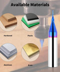 Solid Carbide O Flute CNC Router Bit With 1/4 Inch Shank And Single Flute End Mill for acrylic aluminum wood cutting shown with materials