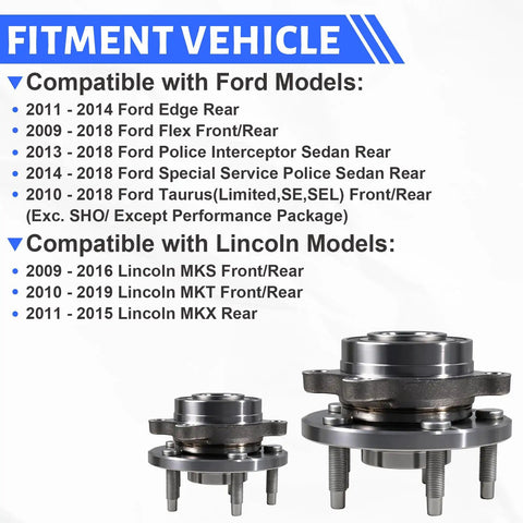 Solid As A Rock Front And Rear Wheel Hub Bearing Assembly Pair Designed Direct For Ford Edge Flex Taurus And Lincoln 513275 diagram showing compatible Ford and Lincoln models.