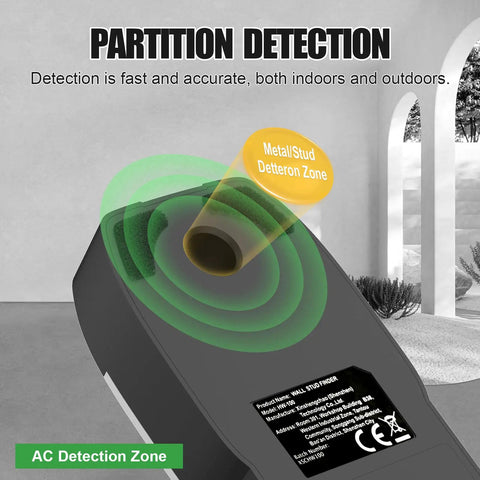 6-in-1 Stud Finder Wall Scanner Metal Detector LCD Display(Grey) showing partition detection and AC zones in a bright room.