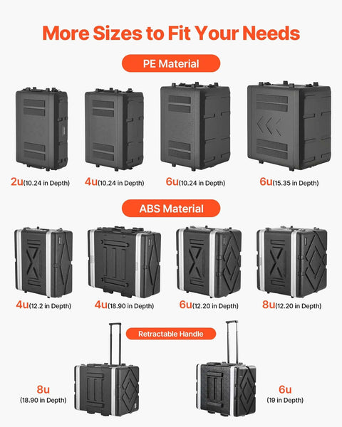 Kickass 4U Rack Mount Case Shallow Flight Box With Integrated Mic Storage Heavy Duty Bulletproof Polyethylene Build shown in various sizes.