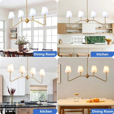 39 Inch Four Light Gold Island Pendant With White Fabric Shade Modern Dining Room Chandelier For Kitchen Island Foyer And Living Room E12 Bulb Base Gold Finish shown in dining room and kitchen settings
