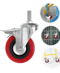 Heavy Duty Swivel Caster Wheels Four Pack With Extended Stems For Tool Carts And Hand Trucks Smooth Rollin stainless steel wheel with red tire.