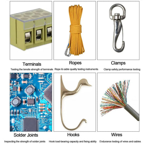 Image showcasing various testing equipment including terminals, ropes, clamps, solder joints, hooks, and wires for quality assessments.