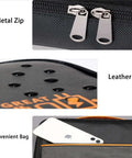 Close-up of Heavy Duty Badass Electronics Organizer Bag For Travel Cables Chargers Power Bank Cell Phone Gear Hauler with metal zipper and leather exterior.