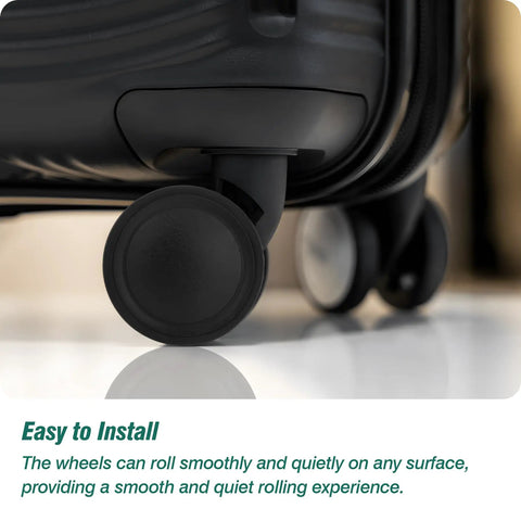 Eight Piece Sixty Millimeter Double Row Luggage Replacement Wheels With Premium Rubber Casters and Ball Bearings For Ride Like Butter Smooth Rolling Heavy Duty Suitcase Fix Kit Hassle Free Weekend Upgrade close-up of silent rubber caster on suitcase