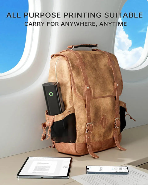 Travel Ready Portable Bluetooth Thermal Printer For On The Go, Inkless N80 printer in a backpack on an airplane seat