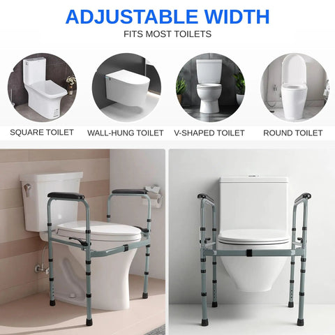 Heavy Duty Foldable Toilet Safety Rails For Seniors With Adjustable Height Bars securely fitted on a round toilet for steady support.