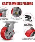 5 Inch By 2 Inch Plate Swivel And Brake Caster Wheels Set Of Four Heavy Duty Cast Iron Wheel With Polyurethane Non Marking Red Tread
