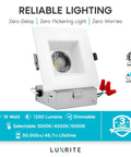 Square 4 Inch LED Recessed Lighting With Junction Box, 15W, 1200 Lumens, showing dimmable feature and color options 3000K, 4000K, 5000K.
