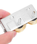 Heavy Duty Sliding Door Window Pulley Replacement Set Featuring Smooth Glide Dual Copper Wheels For Patio Doors And Track Fix Up Hardware Quick Swap Kit held in hand.