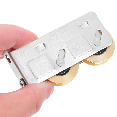 Heavy Duty Sliding Door Window Pulley Replacement Set Featuring Smooth Glide Dual Copper Wheels For Patio Doors And Track Fix Up Hardware Quick Swap Kit held in hand.