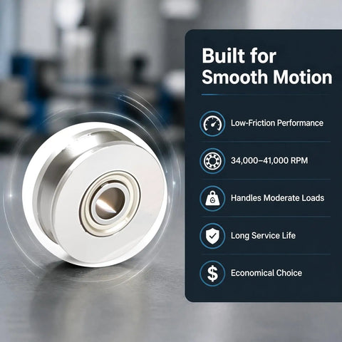 20 Pack Mini V Groove Ball Bearings Pulleys 4x13x6mm shiny steel pulley showcasing smooth motion features and performance specs.