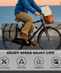 Cyclist on a city bike with panniers, beach in background, highlights easy handling, lightweight, waterproof, easy installation.