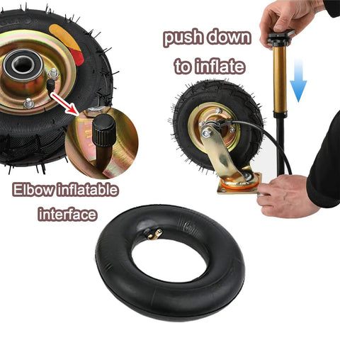Heavy Duty Pneumatic Swivel Caster Set With Side Brake And Shock Absorbing Wheels For Industrial Toolboxes showing inflatable tire and pump.
