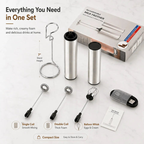 Rechargeable Milk Frother With Stand Electric Whisk Foam Maker USB C Two Speed Handheld Drink Mixer For Coffee Latte Cappuccino Matcha Drinks Silver Finish with included accessories displayed on marble surface.
