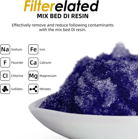 SlickRide Inline DI Deionizer Water System For Car Wash And Garage Detailing Featuring Transparent Housing And Purple To Brown Color Changing Resin Indicator, showing mix bed DI resin in a bowl.