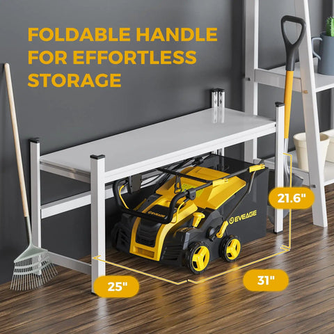 16 Inch 2 In 1 Electric Dethatcher And Scarifier With 5 Position Depth Adjustment for lawns, stored under a shelf with dimensions.