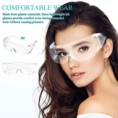 Real Deal 6 Pack Clear Lab Safety Glasses Featuring Ventilated Side Shields And Lightweight Wraparound Design For Shop Splashes And Daily Eye Protection Making Work A Breeze worn by a woman with long dark hair.