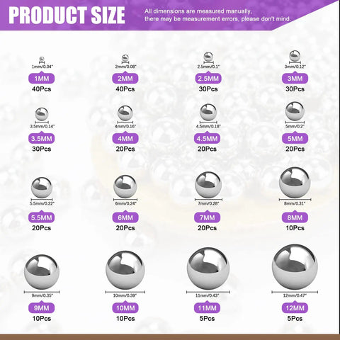 Slick Heavy Duty Chrome Steel Loose Bearing Balls 330 Piece Pack 16 Metric Sizes for bike hubs, showing sizes 1mm to 12mm.