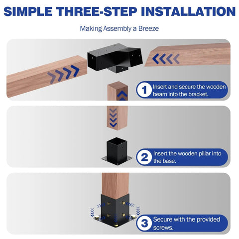 Three-step installation of Heavy Duty 3 Way Slanted Pergola Brackets Set for Outdoor Wood Structures, showing assembly process.