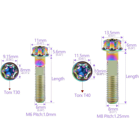 Kickass Titanium Hex Bolts M6 And M8 Thread Screws With Flange Heads In Green Forty Millimeters next to measuring dimensions.