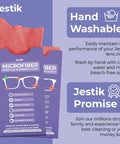 Jestik microfiber cleaning cloths, pack of 6, purple packaging with red cloths for eyeglasses and lenses.