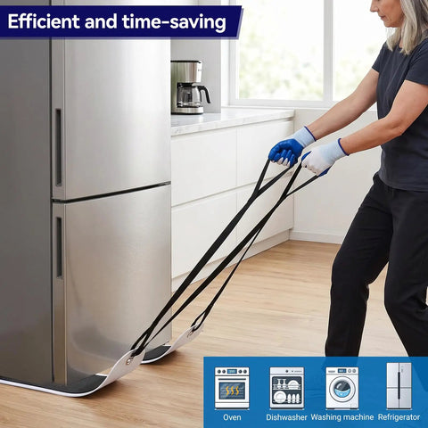 Person using Top Tier Heavy Duty Appliance Sliders With Long Pull Strap And Grippy Moving Gloves to move a fridge on hardwood.