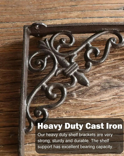 Slick Vintage Black Shelf Brackets Rock Solid Cast Iron L Brackets With Timeless European Scroll Detail, close-up view showing ornate detail.