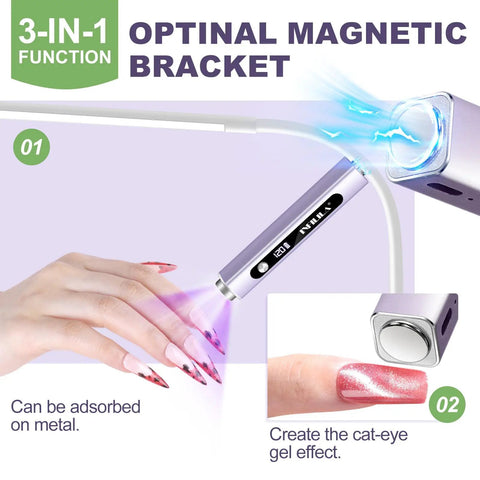 Multi Functional Handheld UV Nail Light With Cat Eye Magnet showing magnetic bracket feature and creating cat-eye gel effect