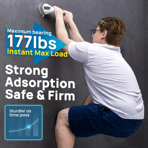 Top Shelf Shower Grab Bar With Heavy Duty Suction Mount For Seniors Elderly Portable Non Slip Bathroom Safety Handle No Sweat Setup Versatile 16 Inch Grey Support Rail Grip with user demonstrating 177 lbs support.