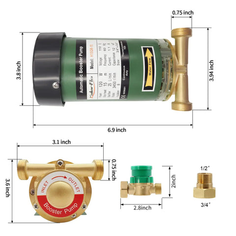 Automatic 120W Water Pressure Booster Pump With Flow Switch 115V Delivers 25 LPM At 21.7 PSI dimensions and components