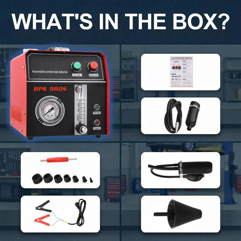 Garage Proof 12V Auto Smoke Machine And Air Pump Leak Detector With Built In Pressure Gauge For Evap Fuel And Vacuum Line Diagnostics Dual Mode Operation Catches Every Tiny Leak Daily Driver Safe contents including smoke machine and accessories.