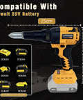 Workhorse Cordless Rivet Gun With Brushless Motor And One Button Auto Riveting For 20V Batteries, showing size and compatible attachments.