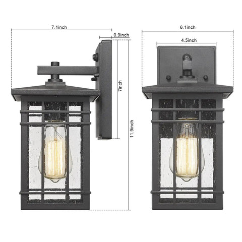 Dusk To Dawn Exterior Wall Lights With Built In Sensor, Outdoor Wall Lanterns Auto On Off, Waterproof Wall Mount Sconces With Seeded Glass, Anti Rust Porch Lighting For Corridor And Garage, 2 Pack, shown with dimensions.