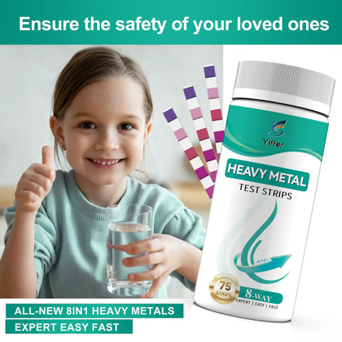Straight To The Point Heavy Metal Water Test Strips For Kitchen Faucet And Well Checks Plus Nickel Lead Copper Arsenic Detection Kit Including Seventy Five Hella Precise Paper Analyzers For Nailed It Household Safety Results, child holding water glass next to test strips.