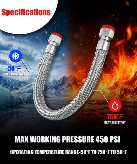 Heavy Duty Workhorse Industrial Compressor Jumper Hose Featuring A Corrugated Stainless Core And Tough Braided Sleeve Rated For 450 Psi And 750 Degrees Fahrenheit with dual swivel ends and specs.