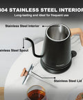 Gooseneck Electric Kettle With Built-In Thermometer, 1L Stainless Steel, 1000W Fast Boil, Auto Shut-Off, shown with lid and spout