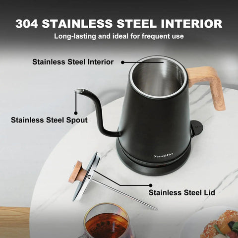 Gooseneck Electric Kettle With Built-In Thermometer, 1L Stainless Steel, 1000W Fast Boil, Auto Shut-Off, shown with lid and spout